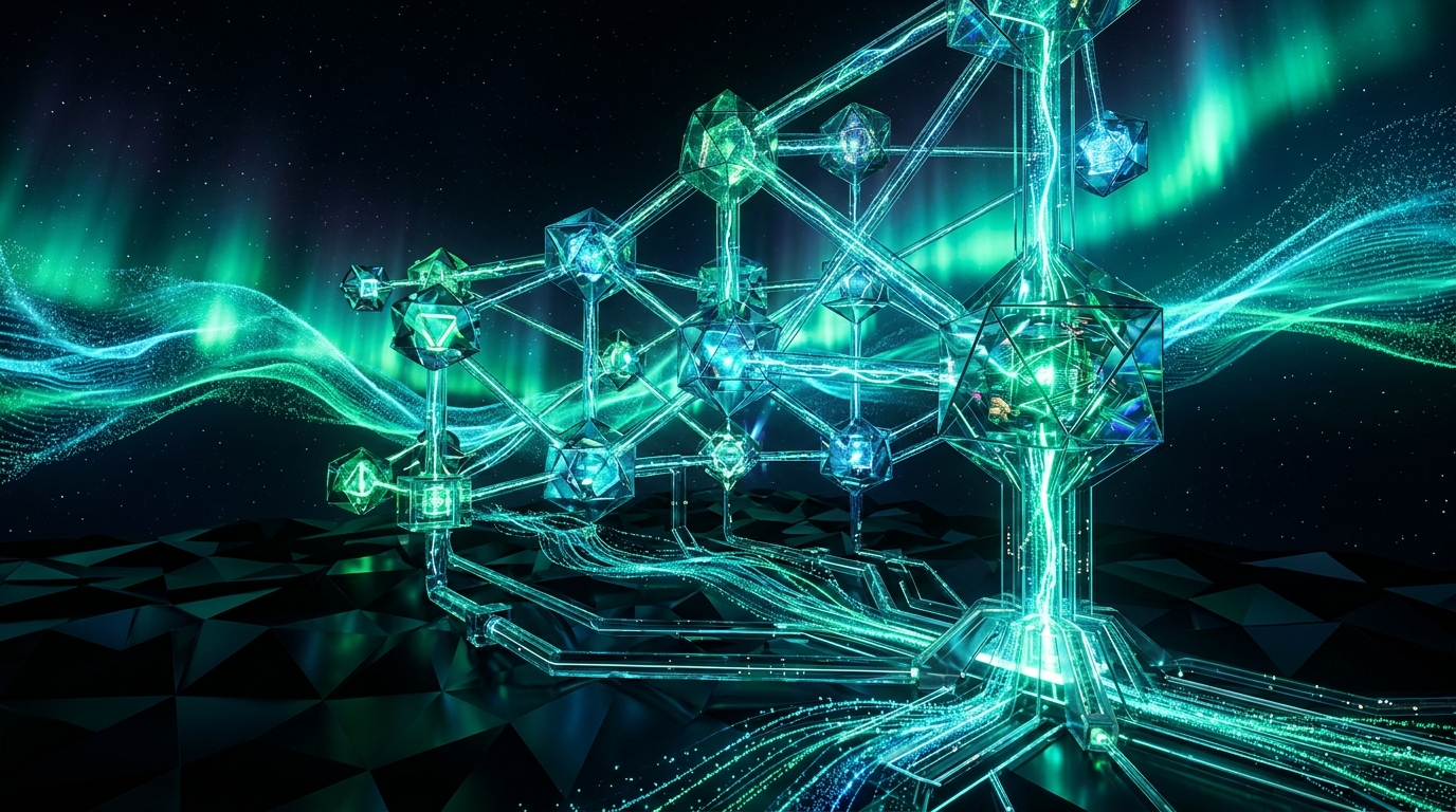 Futuristic 3D visualization of Northleaf data pipelines and aurora stream network